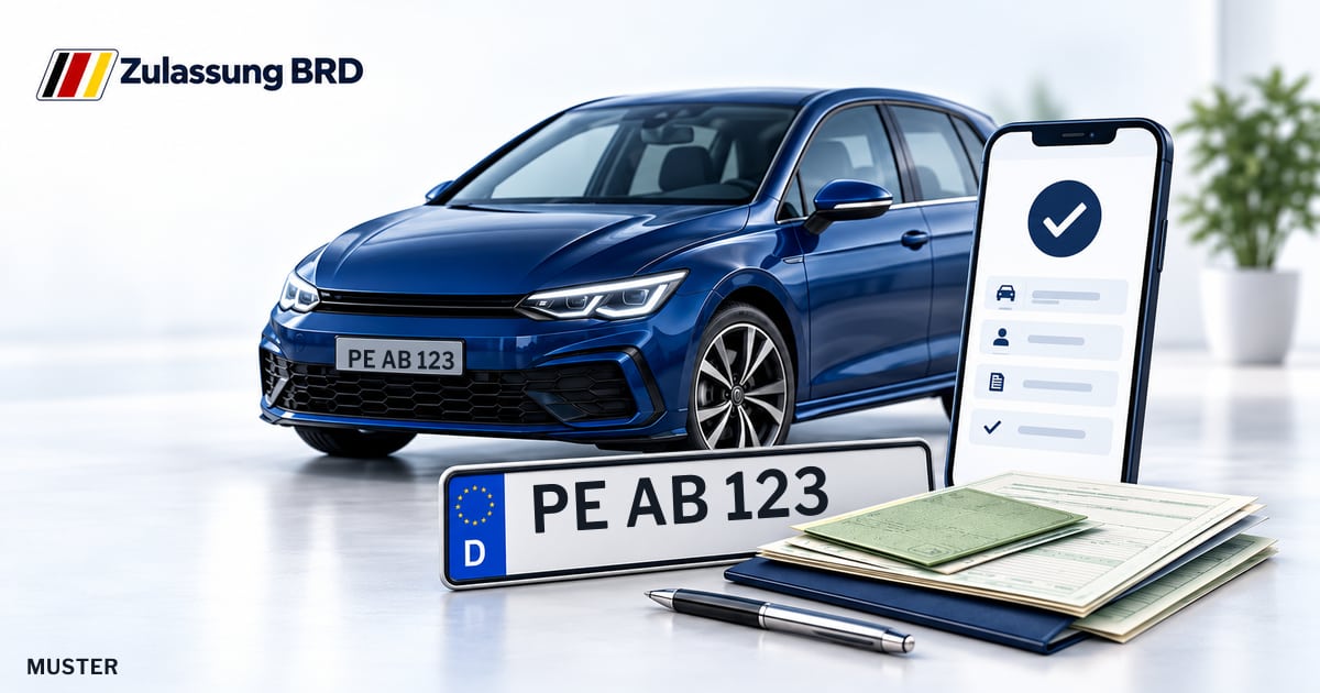 Online Fahrzeugzulassung in Ilsede: Musterkennzeichen PE AB 123, Auto und Fahrzeugpapiere und Smartphone. Illustration mit Logo von Zulassung BRD.